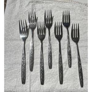Set of 7 Stanley Roberts Glossy Etched Rose Floral Silver Forks Made in Korea